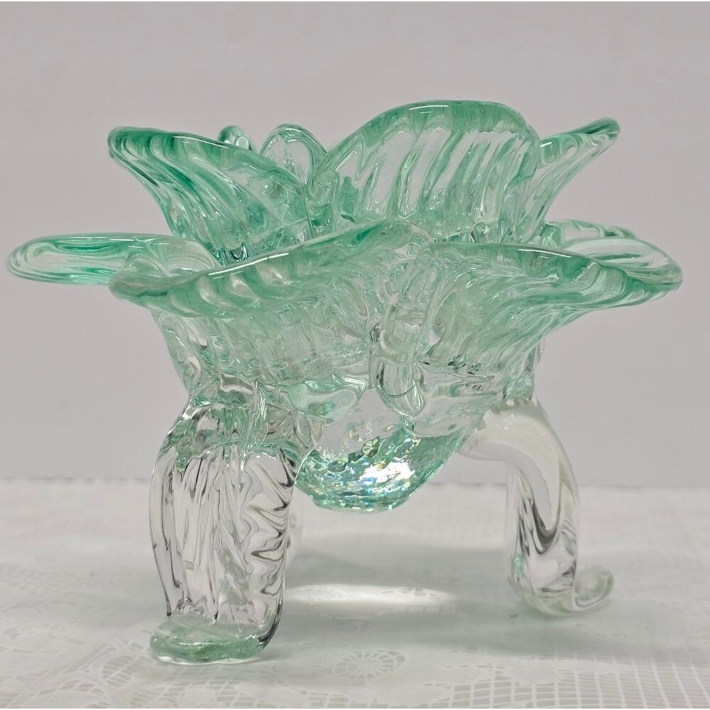 Vintage Teal Recycled Glass Footed Lotus Flower Candle Holder Art Deco Boho - Picture 3 of 11